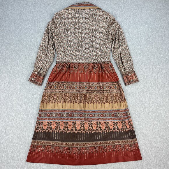 Vintage 70s Honeycomb Western Dress Womens M 8 Earth Tones Prairie Cottagecore - Picture 13 of 16